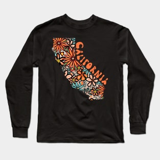 California State Design | Artist Designed Illustration Featuring California State Outline Filled With Retro Flowers with Retro Hand-Lettering Long Sleeve T-Shirt